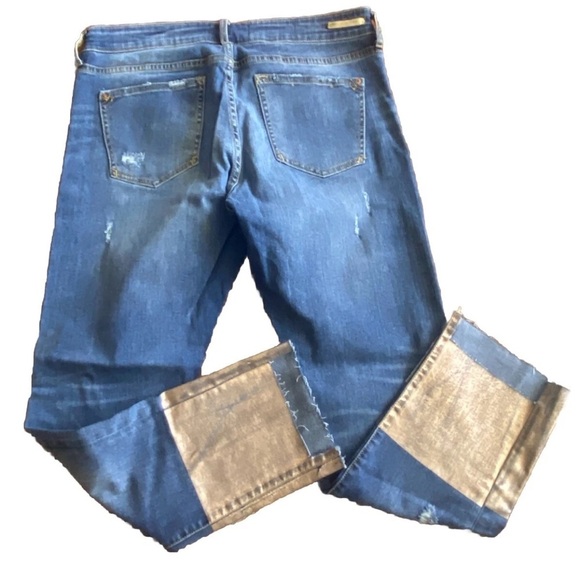 Anthropologie Pilcro Slim Boyfriend Jeans Rose Gold Coated Foil Metallic Sz 30 - Picture 2 of 8